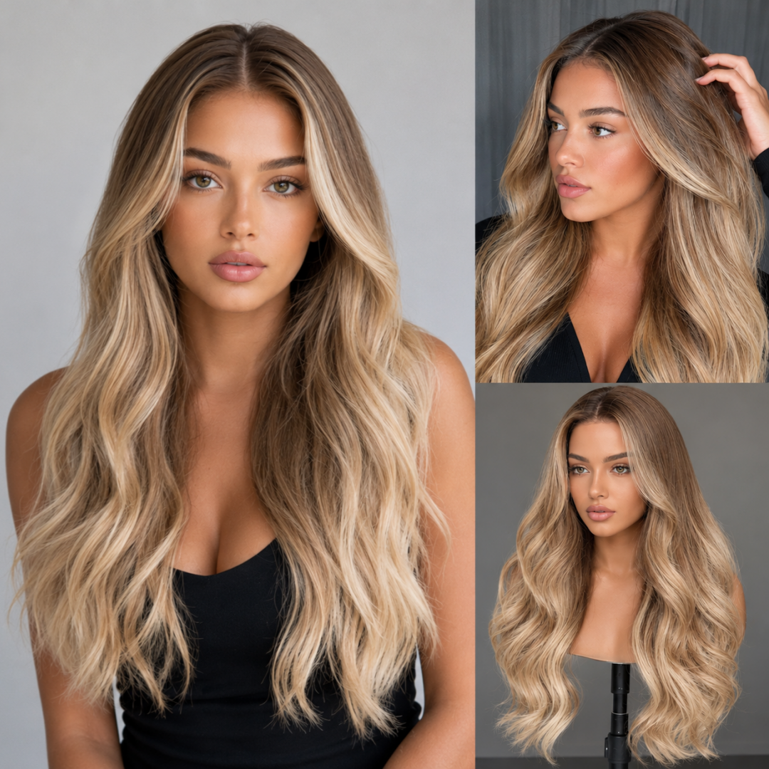Honey Blonde Balayage Body Wave Wig Human Hair 7x5 Lace Glueless Wig Face Framing Highlight Human Hair Wig