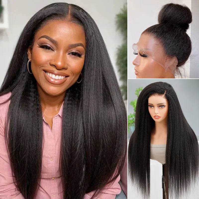 Invisi-Band Kinky Straight Transparent Lace Human Hair Wigs Pre Plucked 360 Lace Frontal Wigs