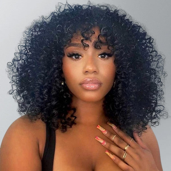 Bouncy Curly Glueless Wear Go Bob Wigs With Bangs 100% Human Hair Wigs