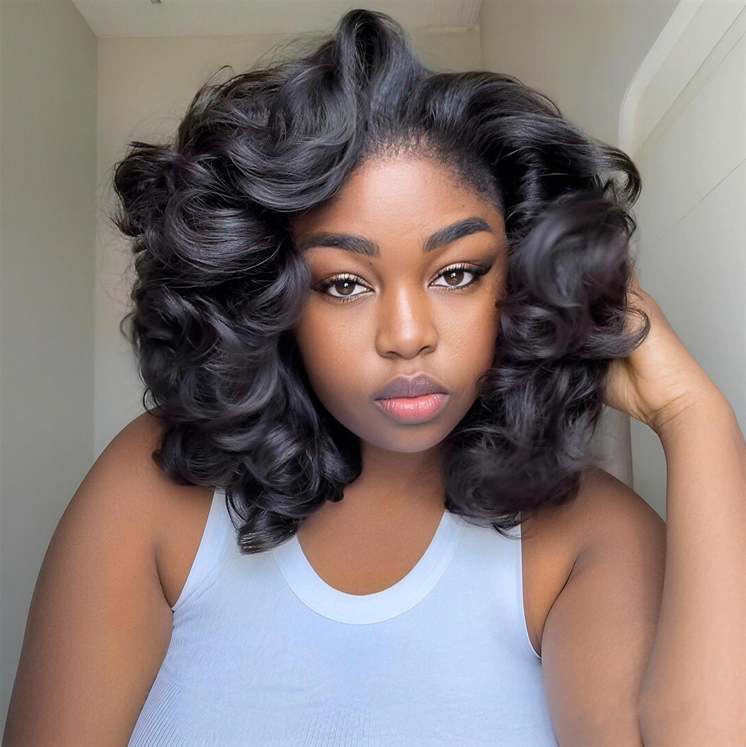 Zlike Shoulder Length Bouncy Loose Body Wave 13x4 Lace Front Human Hair Bob Wigs With Drawstring