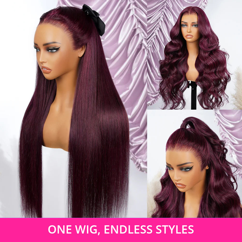 Zlike Pull Go 13x6 Pre Cut Lace Front Wigs Dark Plum Glueless Wigs Body Wave With Drawstring 100% Human Hair Wig