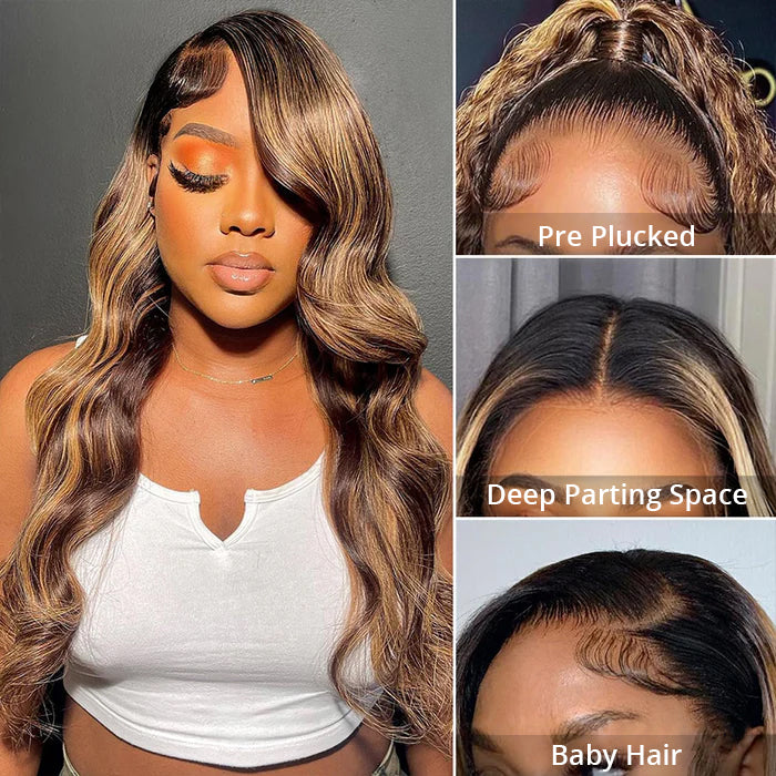 Black Roots Body Wave 4/27 Ombre Highlight Transparent Lace Frontal Human Hair Wigs High Density