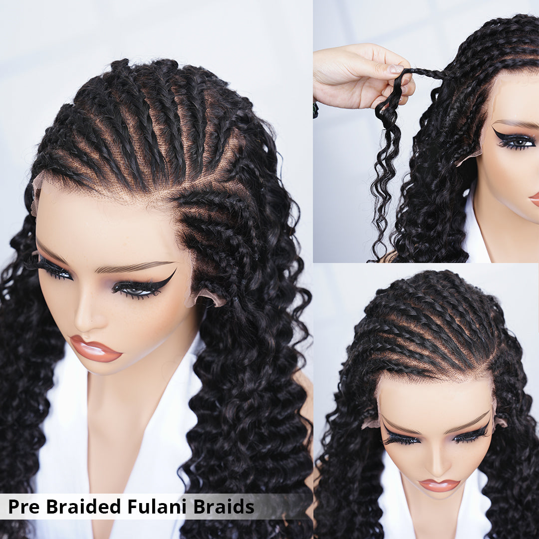 Zlike Pre Braided Fulani Braids Wigs Deep Wave Lace Frontal Human Hair Wigs With Drawstring For Women Glueless