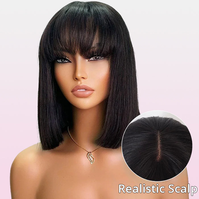 Straight Short Bob Wig Glueless Human Hair Wigs With Bangs For Women