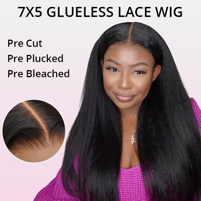 Glueless Lace Closure Wigs Yaki Straight Pre Cut Wear Go Human Hair Wigs With Baby Hair