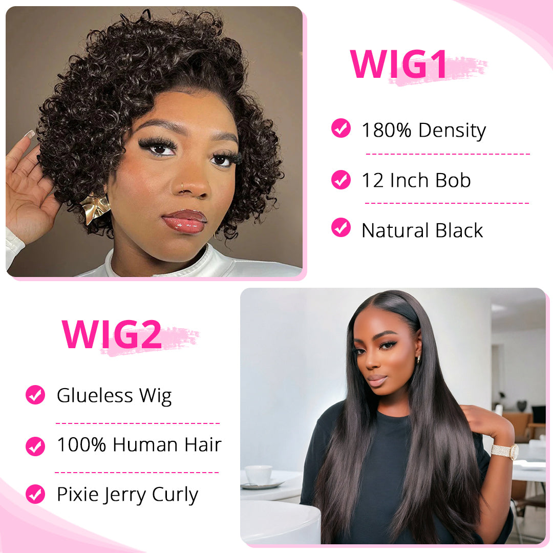 89=2 Wigs Pixie Cut 13x4 Side Part Jerry Curly Wig + U/V Part Glueless Human Hair Wig Flash Deal