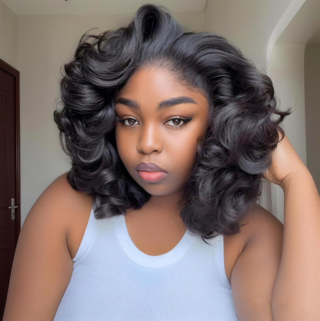 Zlike Shoulder Length Bouncy Loose Body Wave 13x4 Lace Front Human Hair Bob Wigs With Drawstring