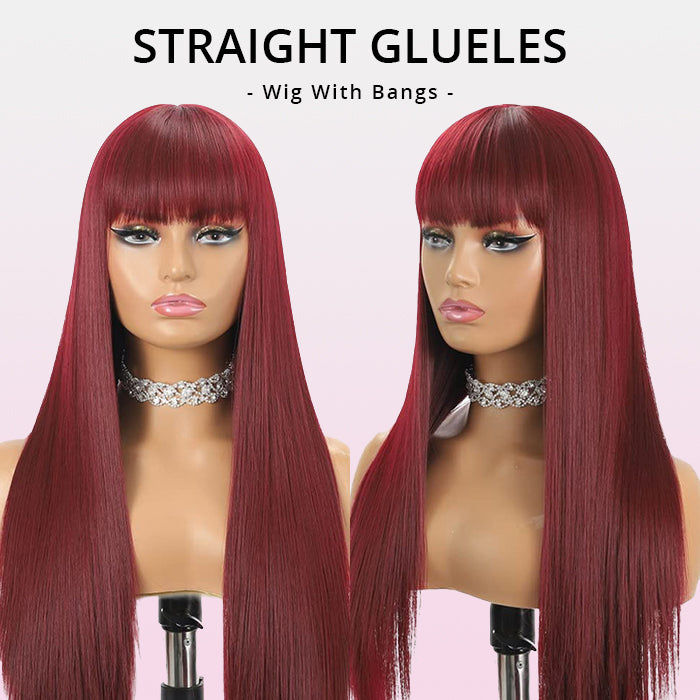 Zlike 99J Straight Wig With Bangs Silky Straight Glueless Human Hair Wigs Natural Hairline