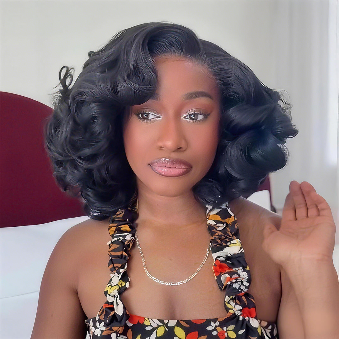 Zlike Shoulder Length Bouncy Loose Body Wave 13x4 Lace Front Human Hair Bob Wigs With Drawstring