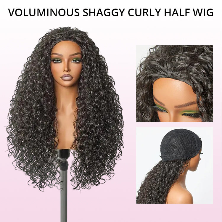Zlike 3 In 1 Half Wigs Shaggy Wave Flexible Fit Half Wig With Elastic Drawstring Glueless Human Hair Wigs