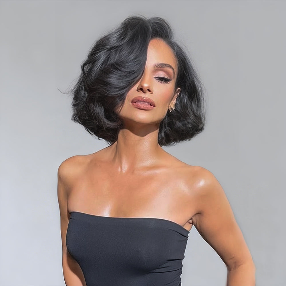 Zlike 250% Density Pre Styled Salon Quality Side Part #4 Chocolate Brown Lace Front Natural Blowout Curve Bob Wigs Human Hair