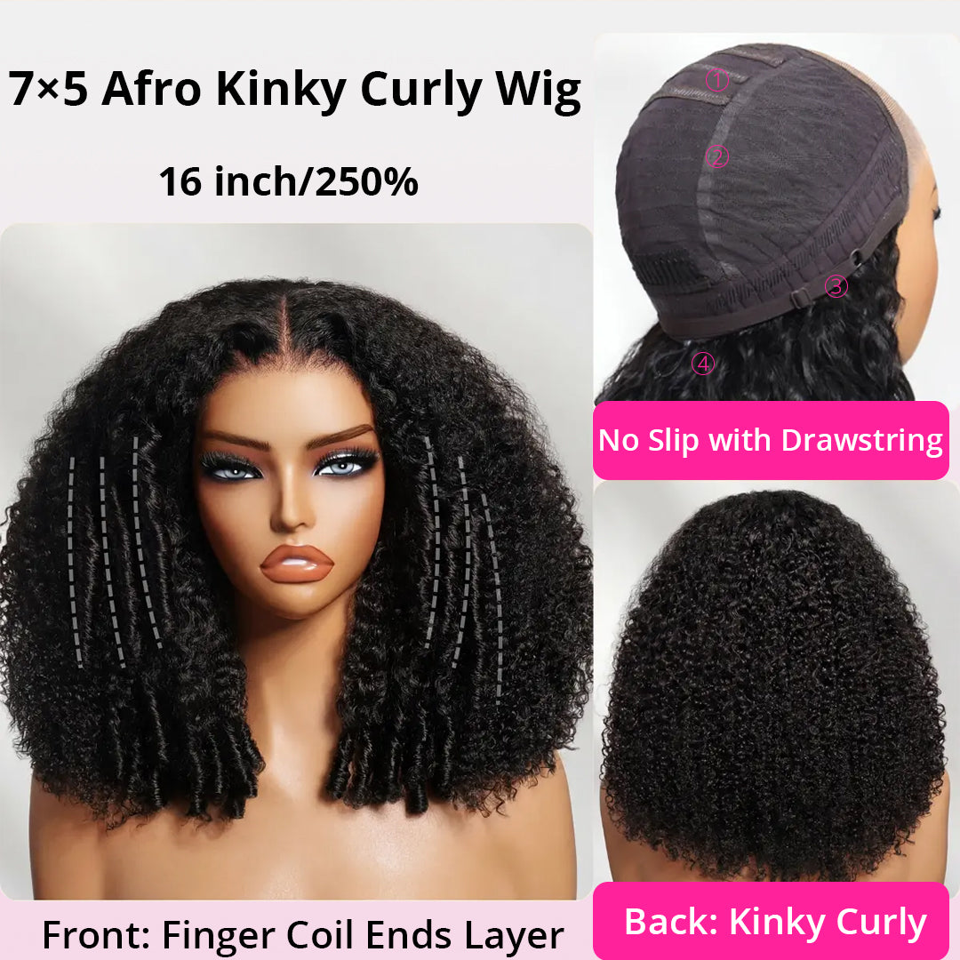 Zlike 250% Density Fluffy Layer Burmese Curly Wigs Pre-cut 7x5 Transparent Lace Closure Human Hair Wigs With Drawstring
