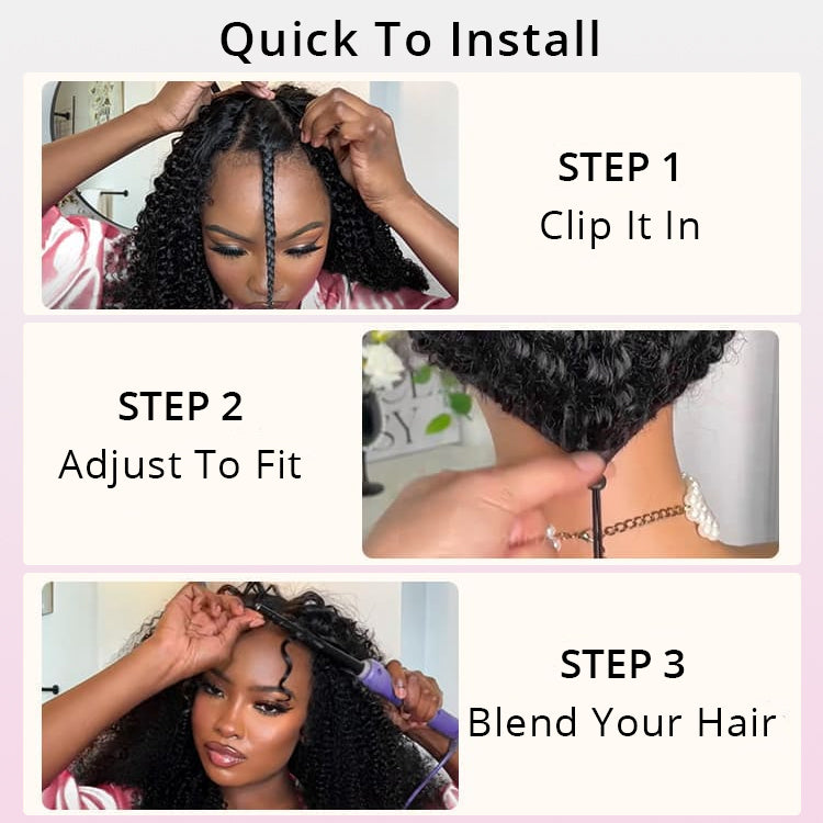 Zlike Burmese Curly Glueless Wig Natural Look No Leave Out Easy Install V Part Wig With Elastic Drawstring