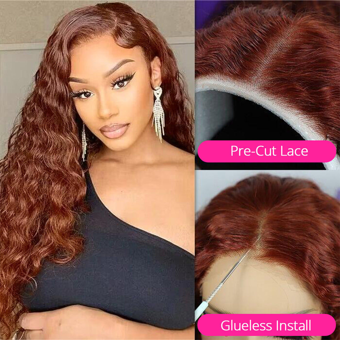 2Wigs = $189 | #33 Reddish Brown Color Water Wave Wig + 5x5 Glueless Straight Wig