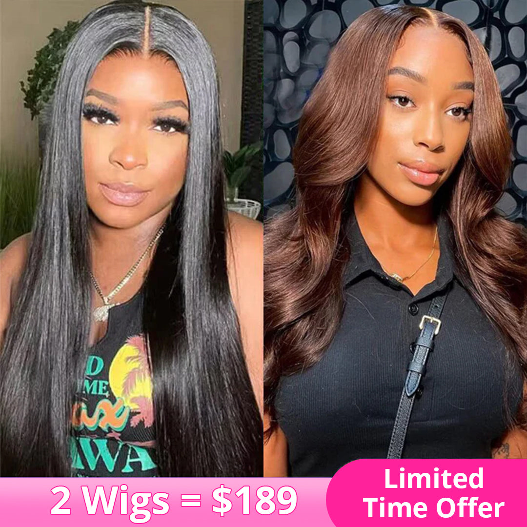 2Wigs = $189 | Glueless Straight Wig + Glueless Body Wave Wig #4 Chocolate Brown Color