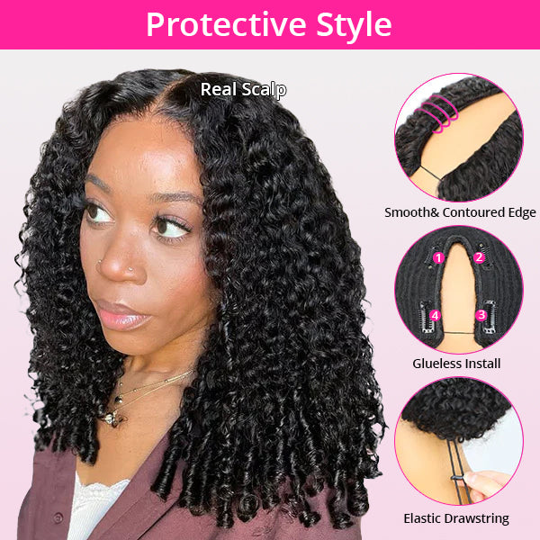 Zlike Burmese Curly Glueless Wig Natural Look No Leave Out Easy Install V Part Wig With Elastic Drawstring