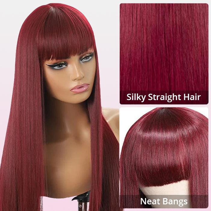 Zlike 99J Straight Wig With Bangs Silky Straight Glueless Human Hair Wigs Natural Hairline