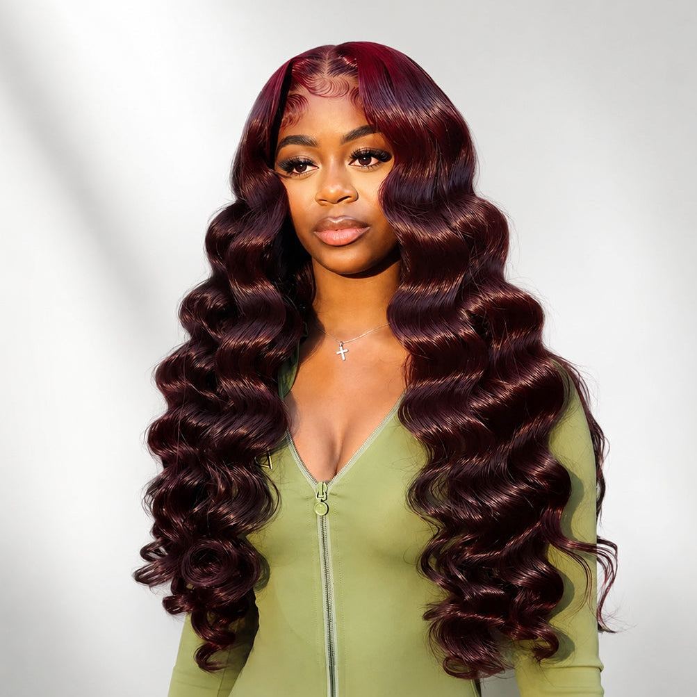 Styled Wig | Wand Curls Dark Purple Plum Wigs 300% Density Virgin Human Hair Bleach Konts Transparent Lace Front Wigs Pre Plucked Hairline