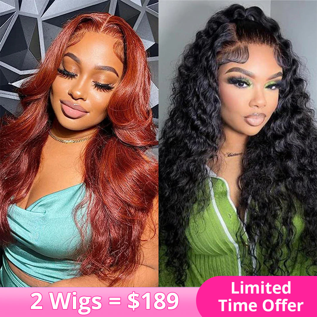 2Wigs = $189 | #33 Reddish Brown Color Body Wave Wig + Glueless Water Wave Wig