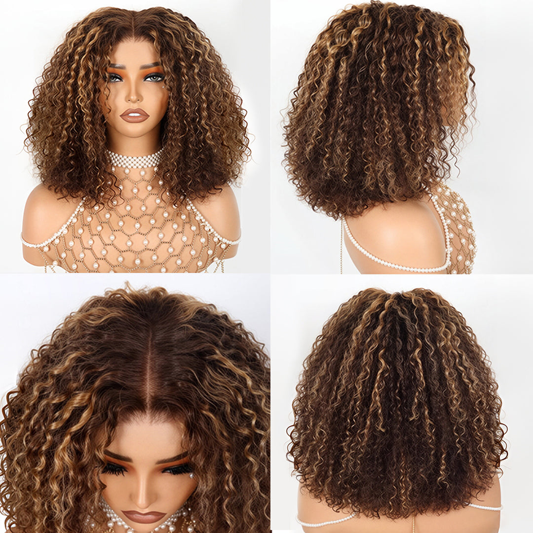 Styled Wig | Honey Blonde Highlights Kinky Curly Short Bob Wig Glueless Lace Closure Bob Wigs
