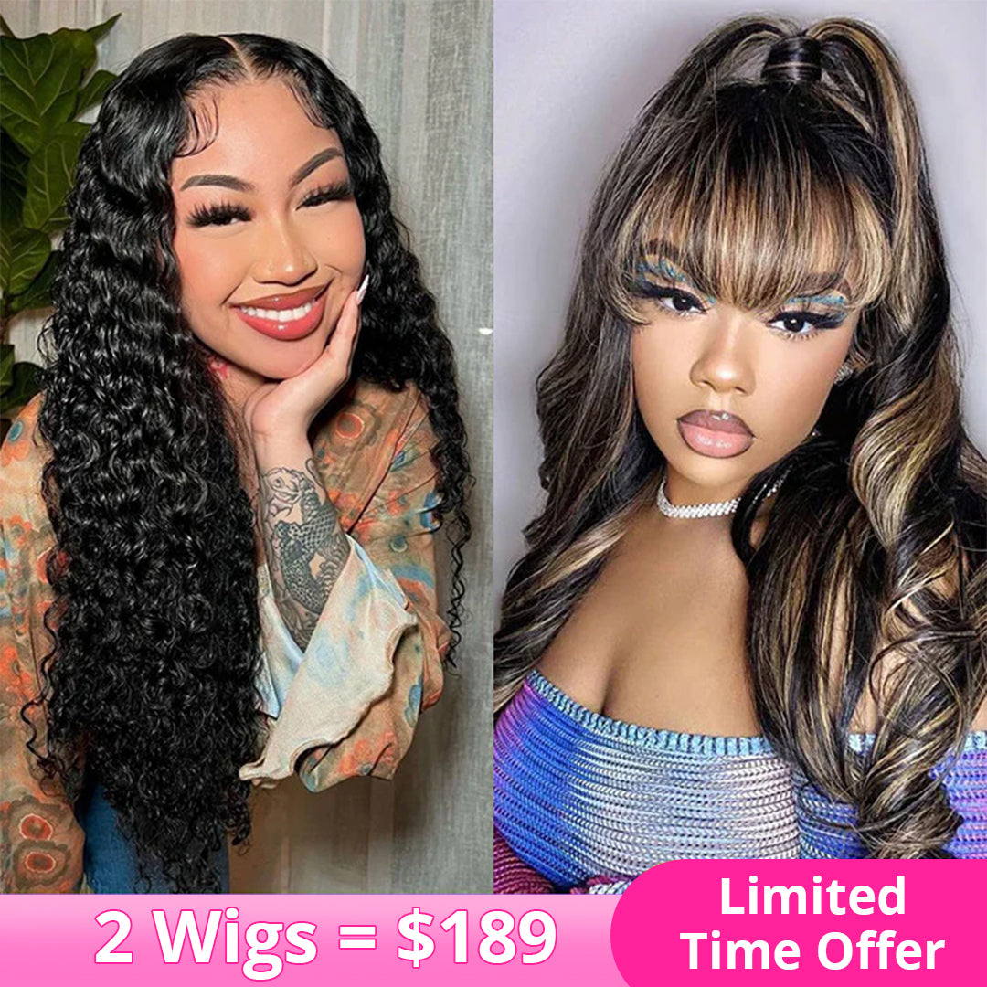 2Wigs = $189 | Water Wave Glueless Wig + Highlight Body Wave Wig With Bangs