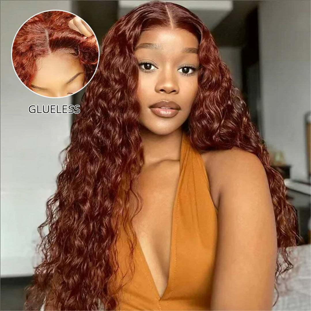 2Wigs = $189 | #33 Reddish Brown Color Water Wave Wig + 5x5 Glueless Straight Wig