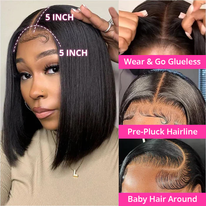 Glueless Short Bob Silky Straight 5x5 HD Lace Closure Wig Pre Cut Human Hair Lace Wigs
