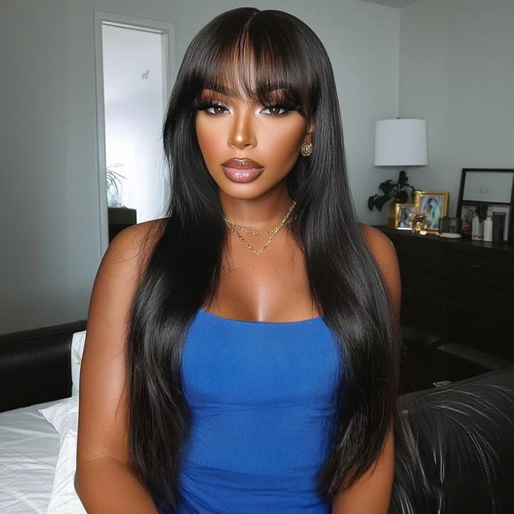 Glueless Straight Transparent Top Lace Wig Pre Bleached Human Hair Wigs With Bangs