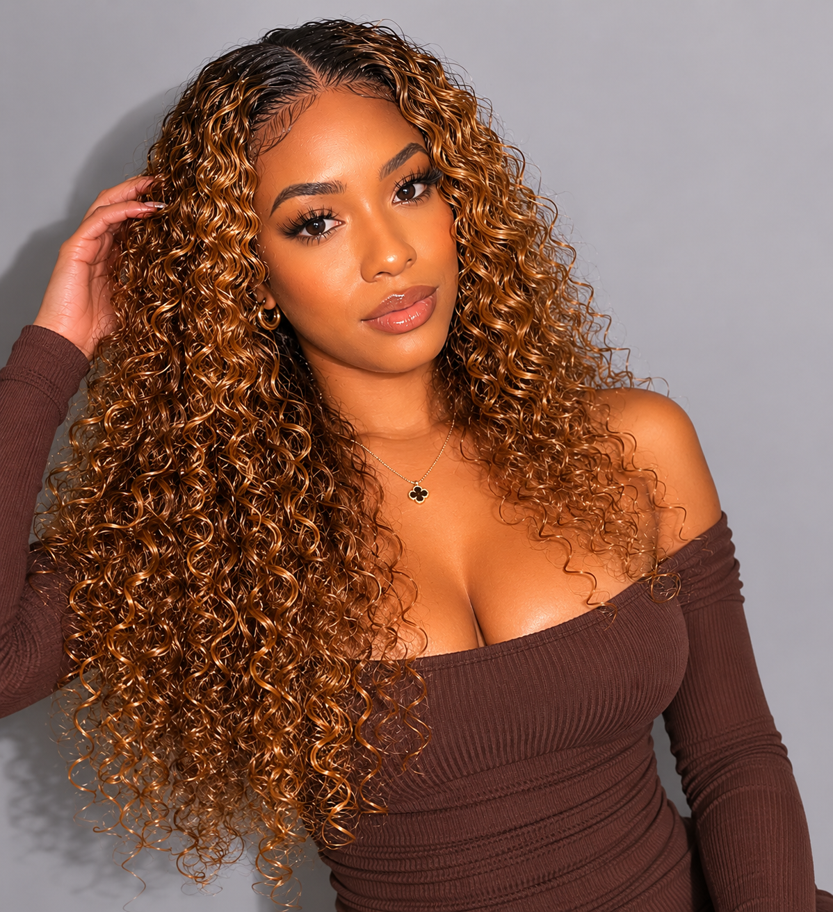 Zlike Golden Chestnut Curly Wigs With Dark Roots Human Hair Transparent Glueless Lace Front Wigs