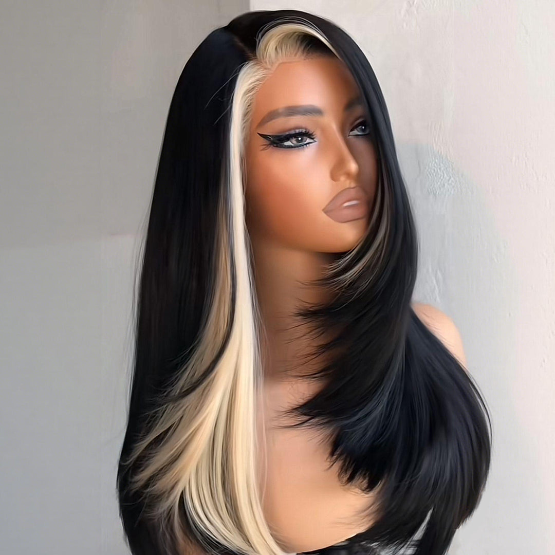 Layered Cut 613 Highlight Blonde Skunk Stripe Lace Front Glueless Human Hair Wig Front View