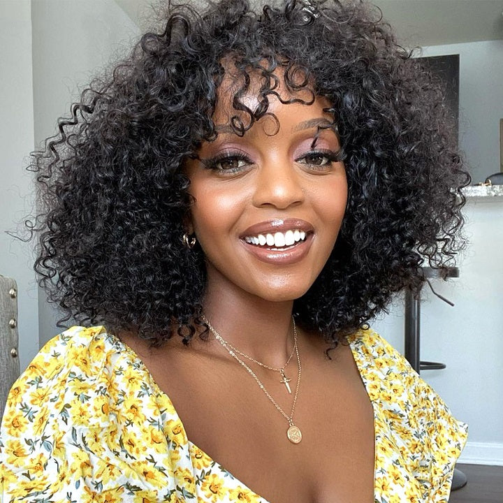 Natural black kinky curly bob wig with free part styling