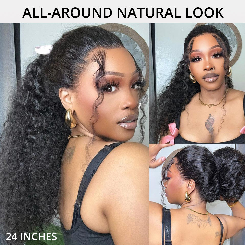 Back view of natural black water wave human hair wig with full volume