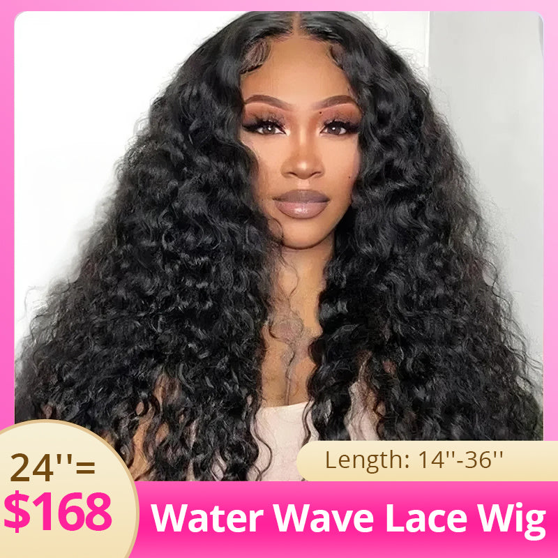 Natural black water wave wig front view with soft defined curls