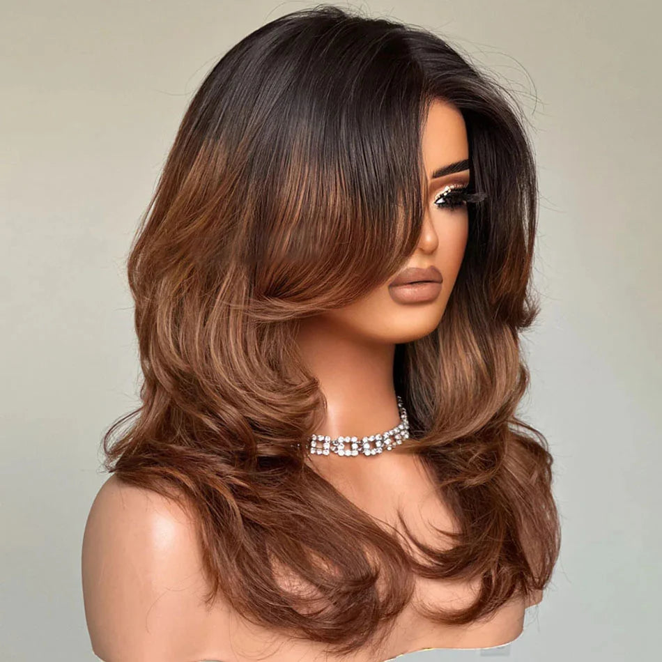 Zlike 250% Density Ombre Brown Curtain Bangs And Layered Cut Design Glueless Lace Wig