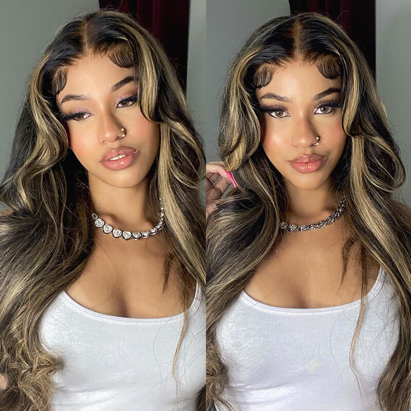 Balayage Highlight Colored Body Wave Wigs Transparent Lace Human Wigs Hairline