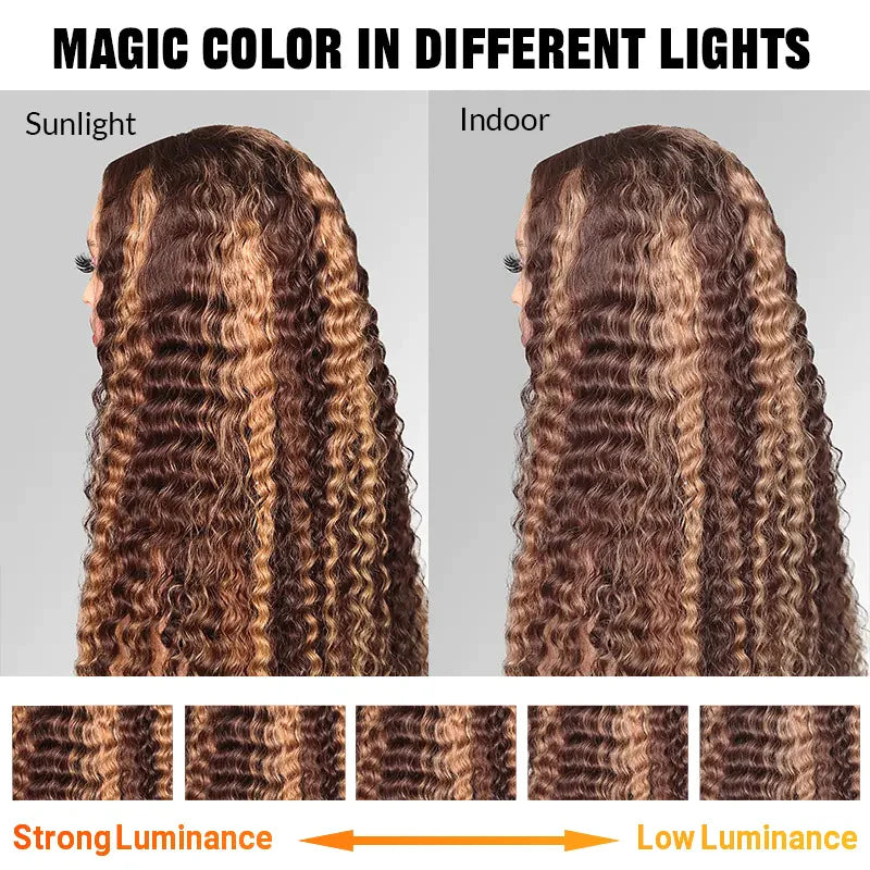 Ombre Highlight Piano Color 13x4 Lace Wig Water Wave Brown Golden Human Hair Wig | Flash Sale