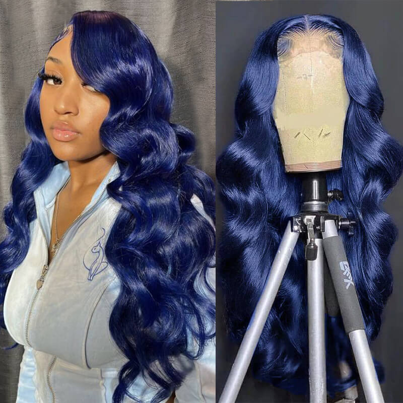 Zlike -13x4 Transparent Lace Body Wave Dark Blue 100% Human Hair Wigs For Women