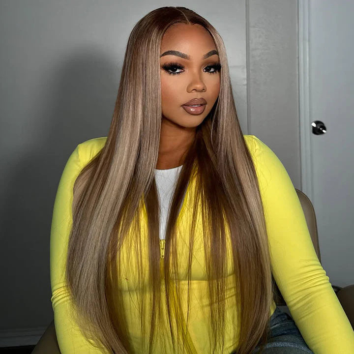 Zlike Mushroom Blonde Straight Body Wave Wigs with Dark Roots Drawstring Glueless 13x4 Transparent Lace Human Hair Wigs