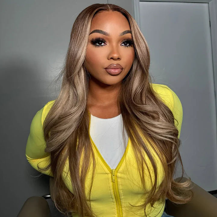 Zlike Mushroom Blonde Straight Body Wave Wigs with Dark Roots Drawstring Glueless 13x4 Transparent Lace Human Hair Wigs