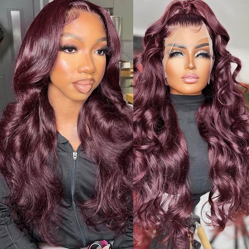 Dark Purple Plum Colored 13x4 Lace Front Wig Body Wave Human Hair Wigs With Baby Hair