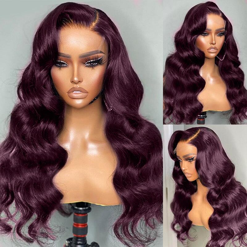 Dark Purple Plum Colored 13x4 Lace Front Wig Body Wave Human Hair Wigs With Baby Hair