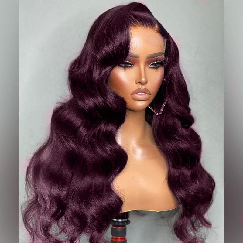 Dark Purple Plum Colored 13x4 Lace Front Wig Body Wave Human Hair Wigs With Baby Hair