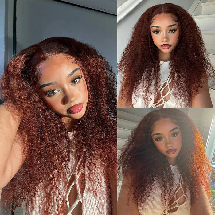 13x4 Reddish Brown #33 Kinky Curly Transparent Lace Front Wig Pre Plucked Human Hair Wigs