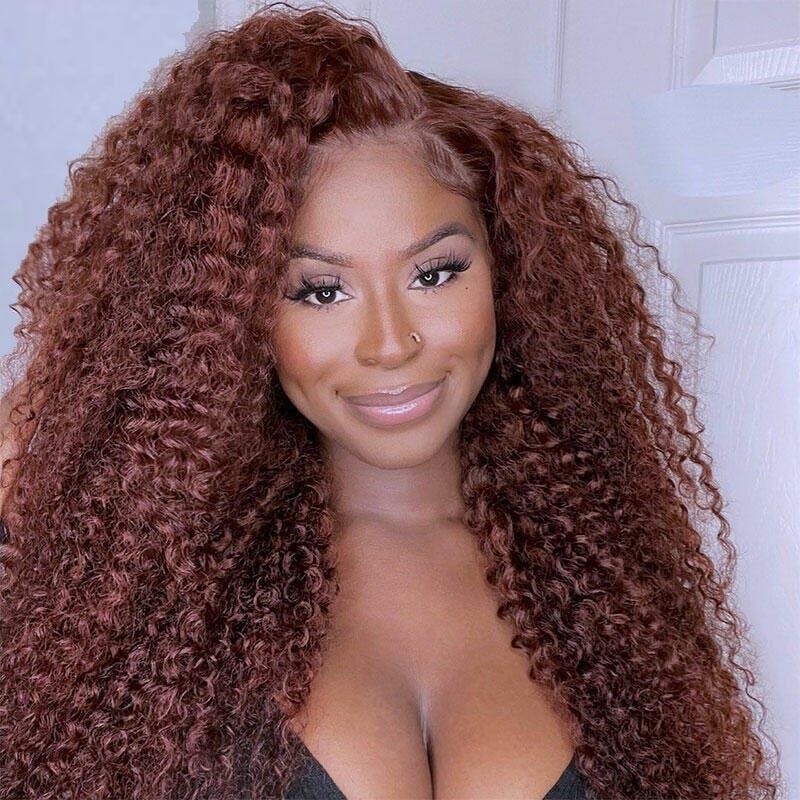 #33 Reddish Brown High Density Curly Lace Front Human Hair Wigs For Women