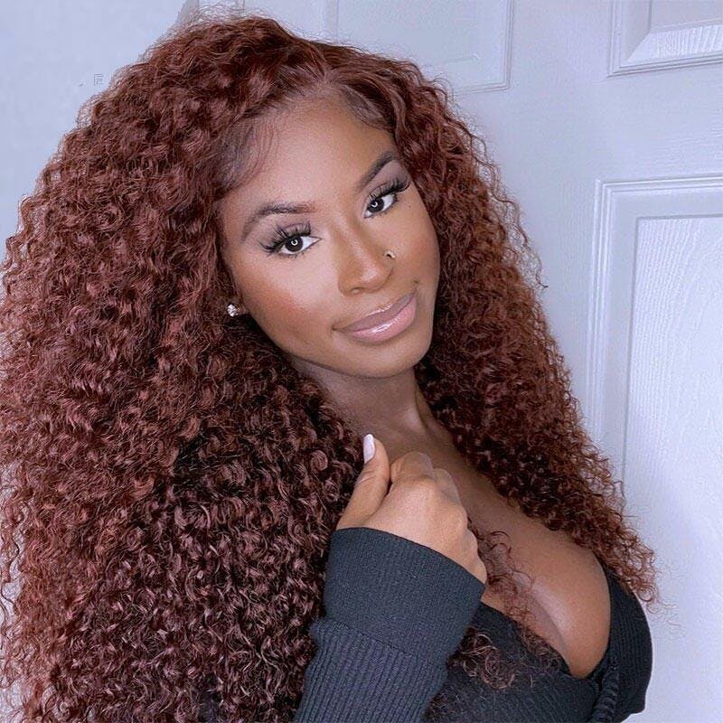 #33 Reddish Brown High Density Curly Lace Front Human Hair Wigs For Women