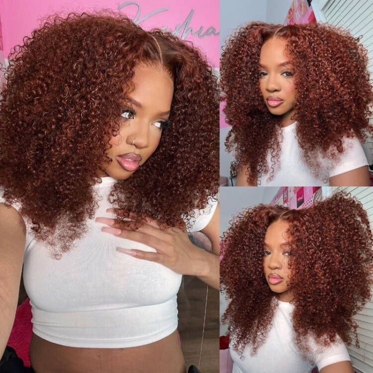 Reddish Brown #33 Curly Lace Front Human Hair Wigs For Women High Density