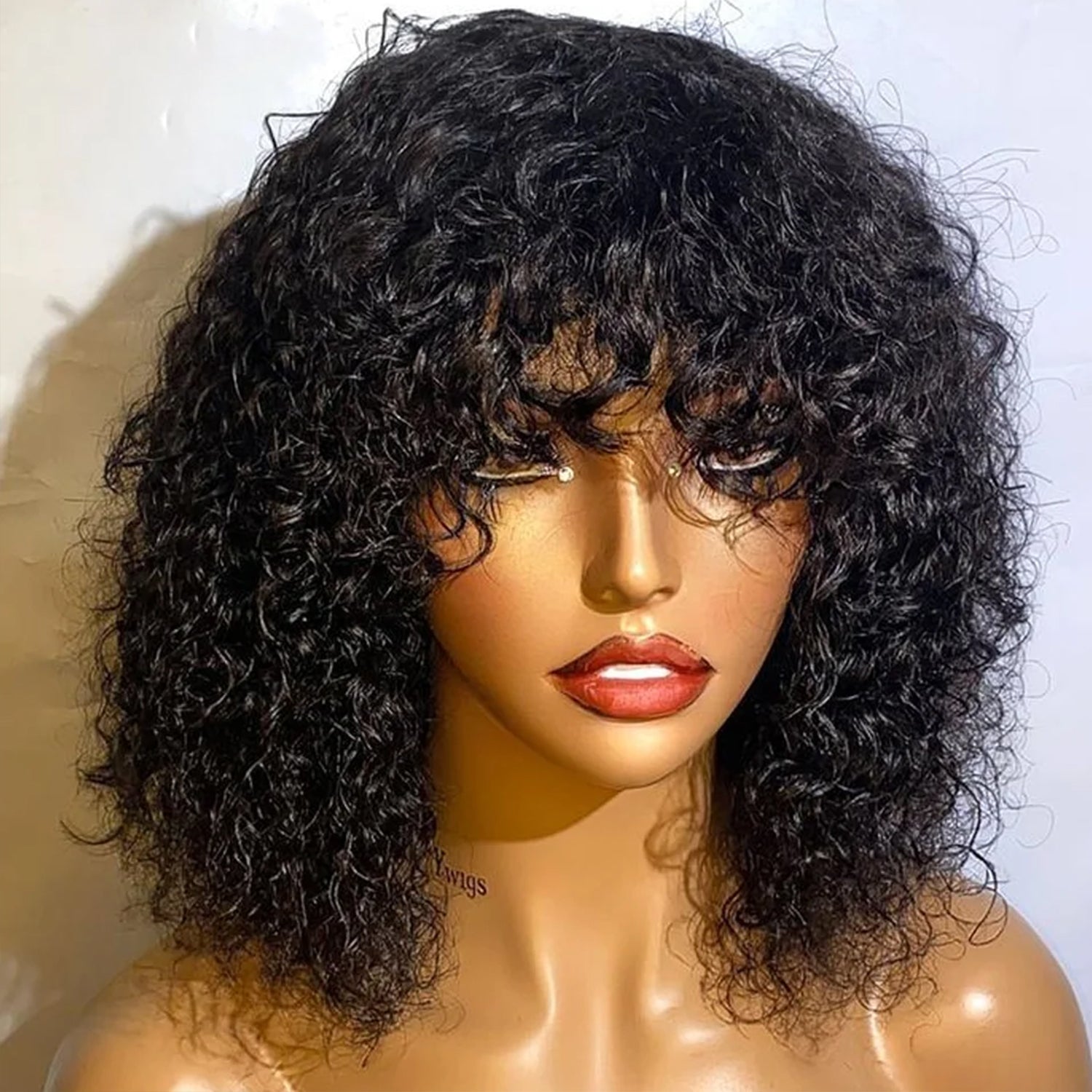 Put On To Go Jerry Curly No Lace Glueless Short Bob 100% Human Hair Wigs With Bangs