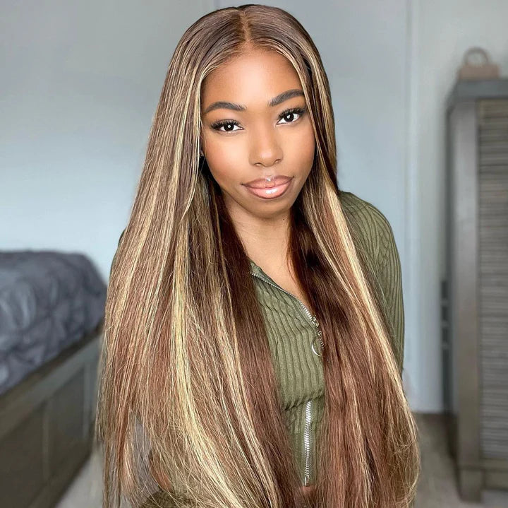 Zlike Brown Wig With Blonde Highlights P4/613 Silky Straight Lace Front Wigs