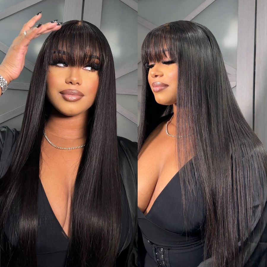 Glueless Straight Transparent Top Lace Wig Pre Bleached Human Hair Wigs With Bangs