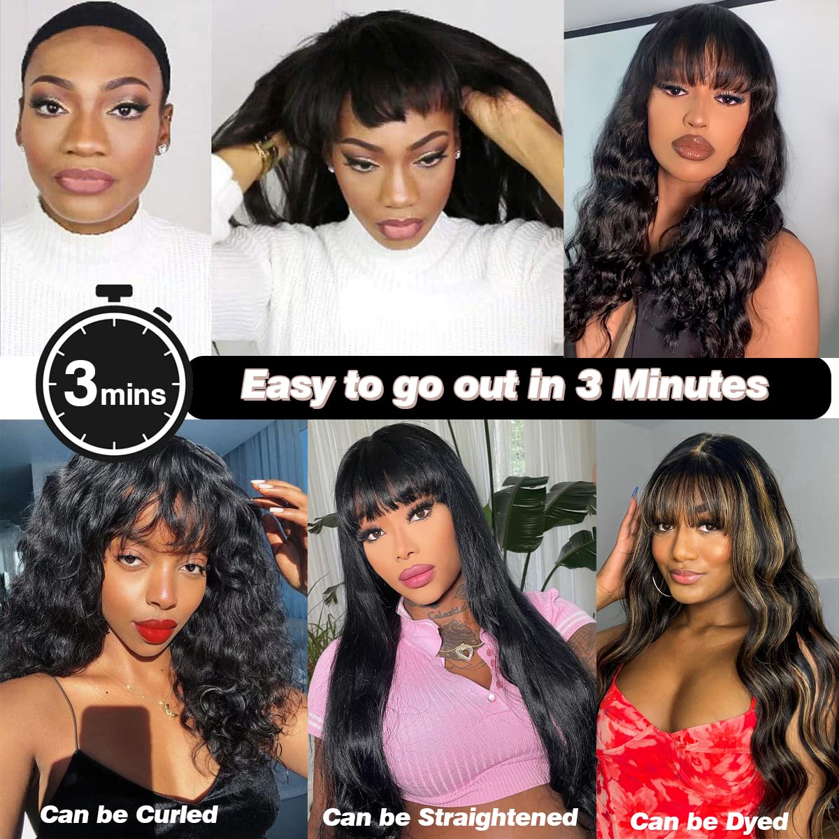 Put On And Go Glueless Body Wave With Bangs Top Lace Wig 100% Human Hair Wigs